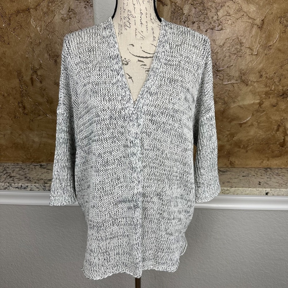 Eileen Fisher Linen Blend‎ Cardigan Sweater Womens Large Open Front Knit Gray